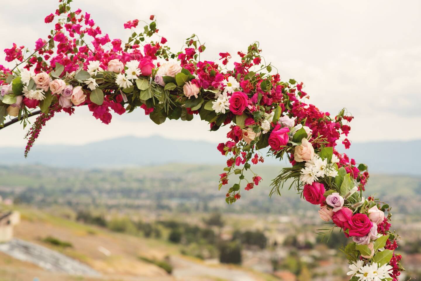 A ceremony arch of pink and red roses and white daisies, open to green hills under a pale sky