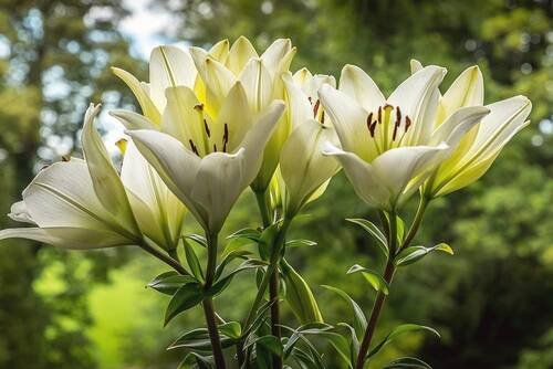White lilies opening in soft daylight, with green behind