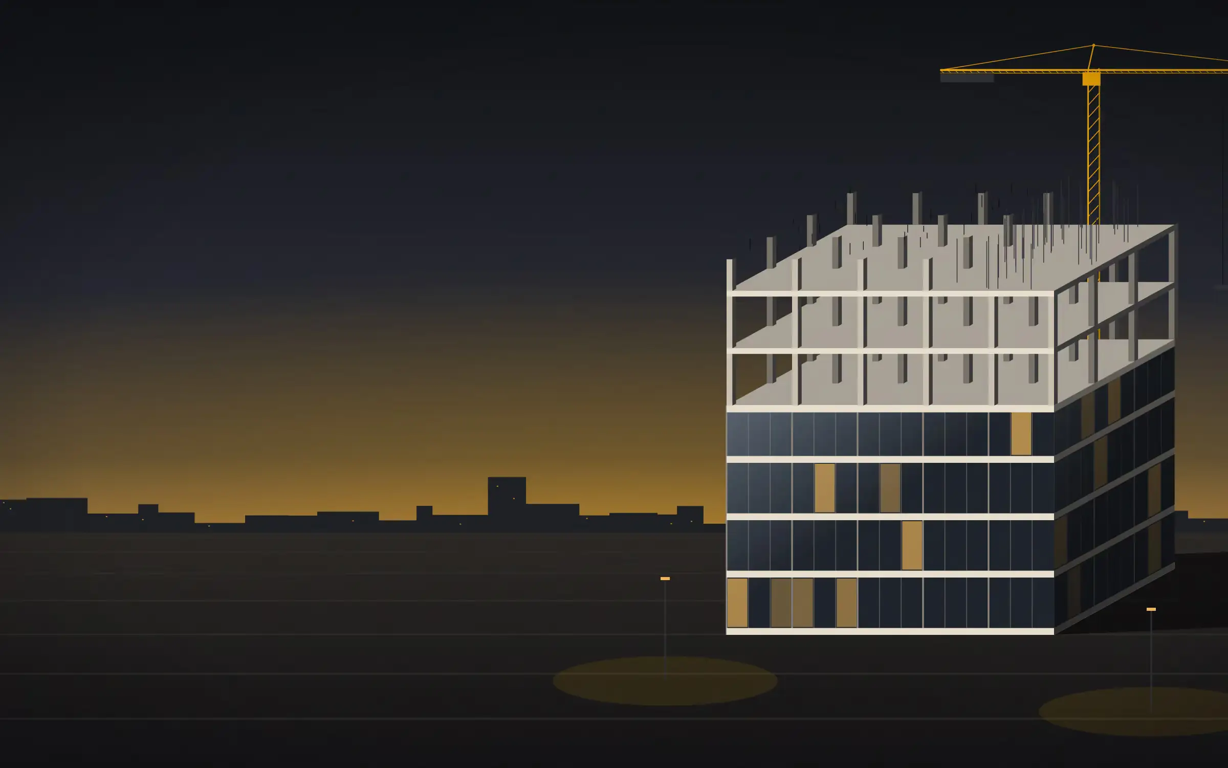 Dusk site plate: a seven-storey concrete frame under construction against an amber horizon, the lower four floors glazed with a few lit rooms, the top three decks open with rebar starters, and a tower crane behind it.