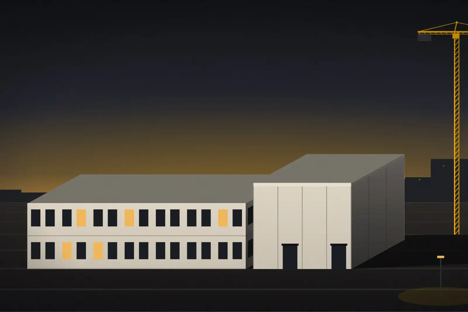 Dusk plate of a two-storey school wing with lit classroom windows and a tall gymnasium block at one end.