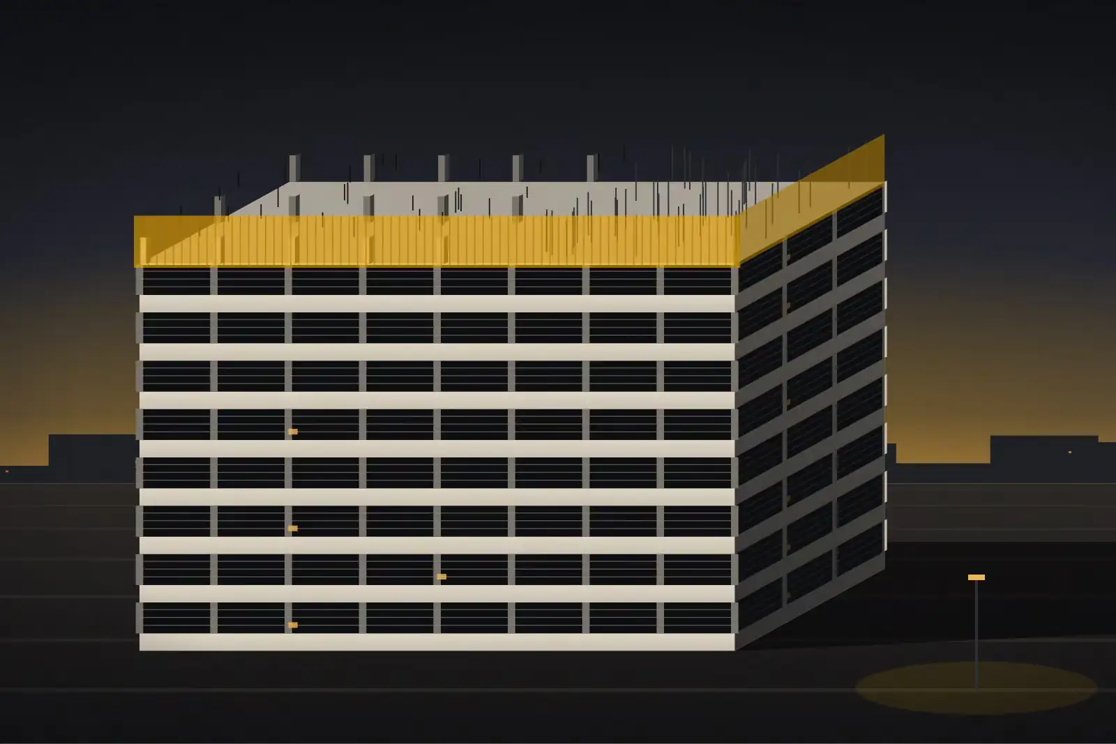 Dusk plate of a nine-level parking structure, its open decks banded in concrete, amber safety netting wrapped round the top level.
