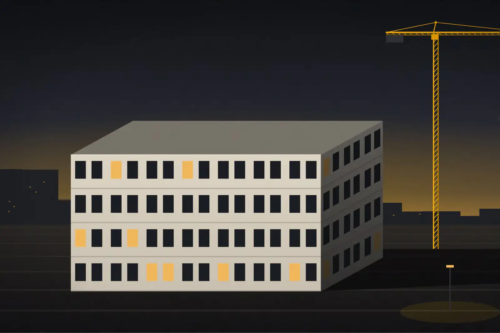 Dusk plate of a four-storey civic building with regular punched windows, a few lit, and a tower crane behind.