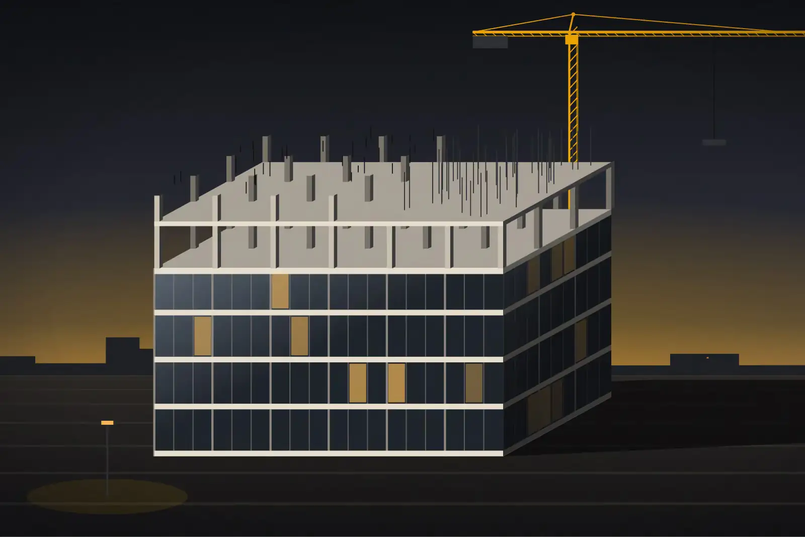 Dusk plate of a six-storey medical frame, the lower four floors glazed and lit in places, the top two decks still open, a tower crane behind.