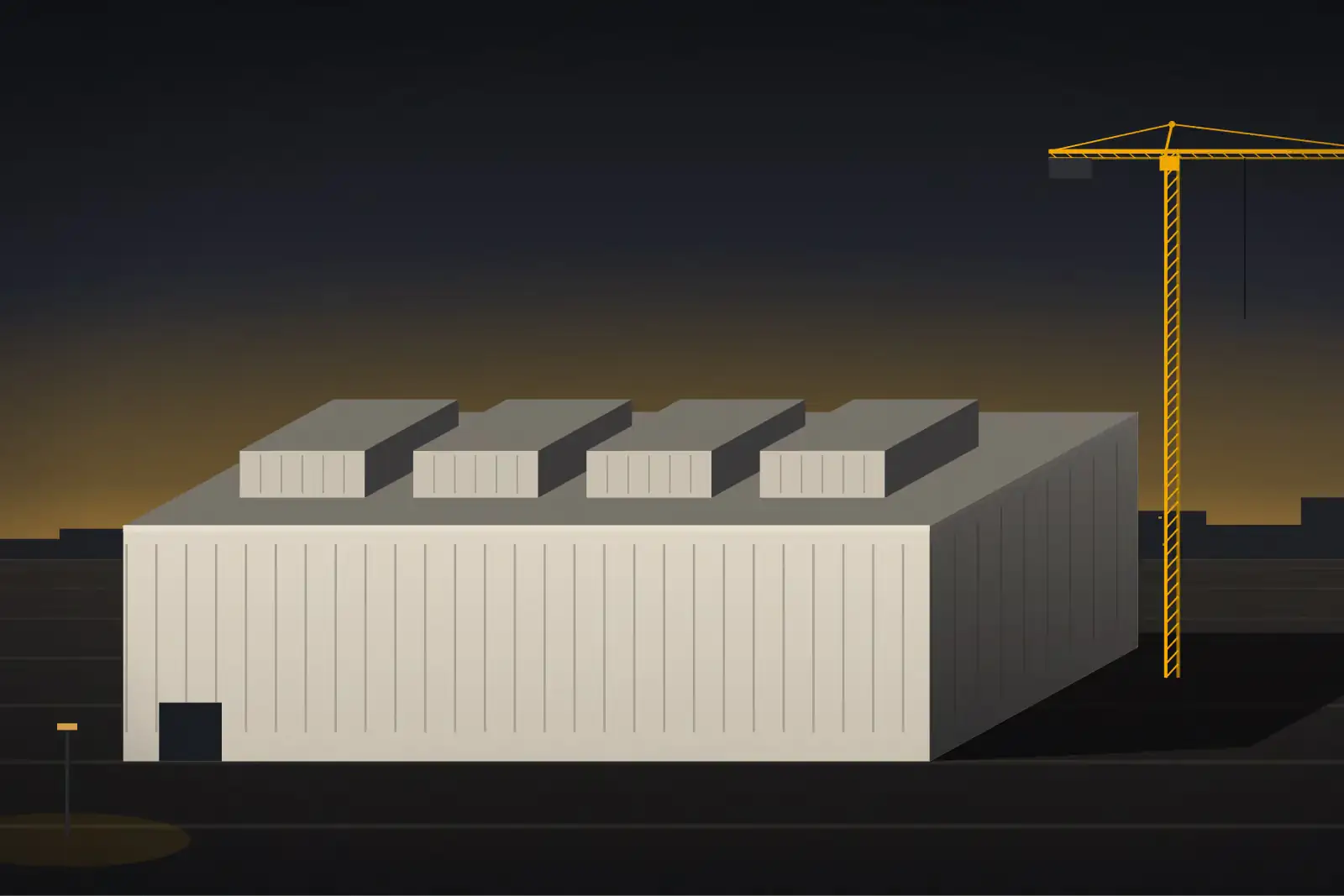 Dusk plate of a two-storey data hall clad in ribbed panels, four mechanical enclosures on its roof, a tower crane beside it.