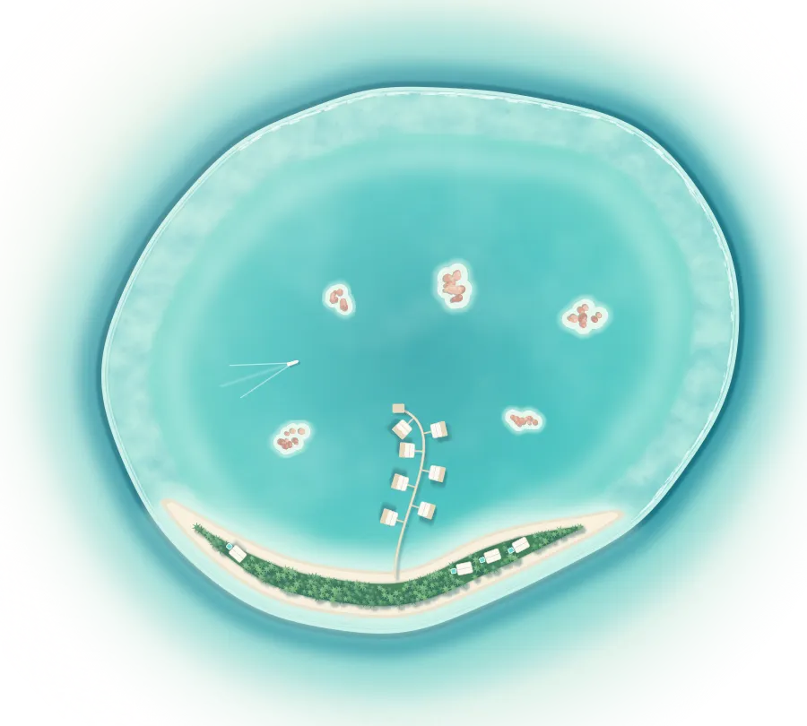 The atoll from above: a ring of reef around a turquoise lagoon dotted with patch reefs, a crescent of island with palms and four beach villas, and a curved jetty reaching into the lagoon with seven overwater villas.
