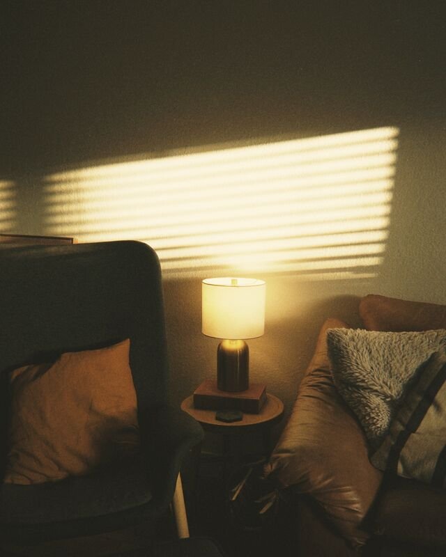 Dusk in a sitting room: one lamp lit between two armchairs, the last stripes of daylight on the wall above.