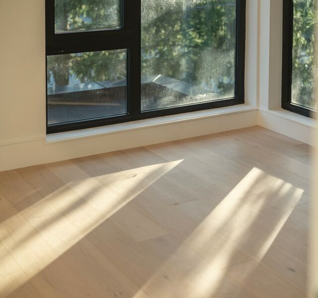 The living room of the penthouse: corner glazing into the tops of the plane trees and long bars of evening light on pale oak.