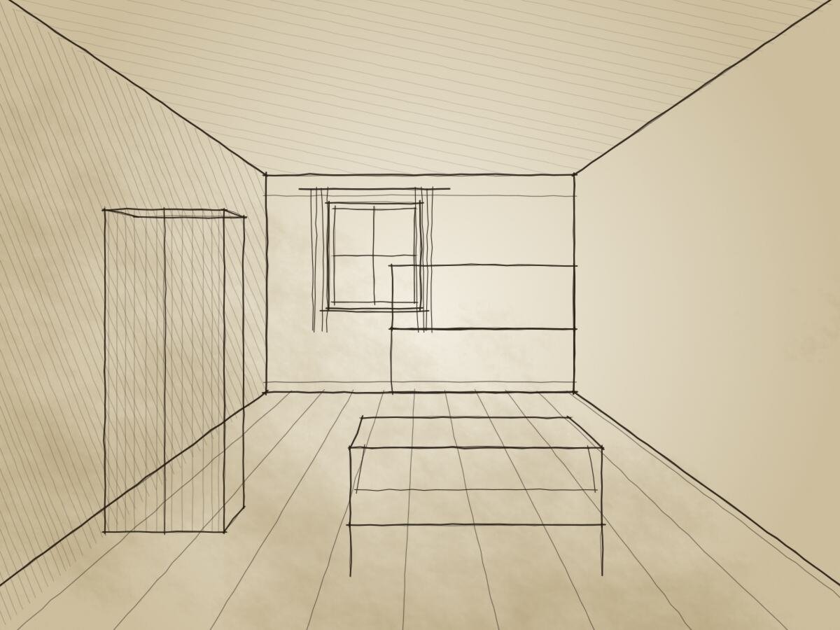 Ink drawing of a bedroom: a bed beneath a curtained window and a tall wardrobe on the left wall.