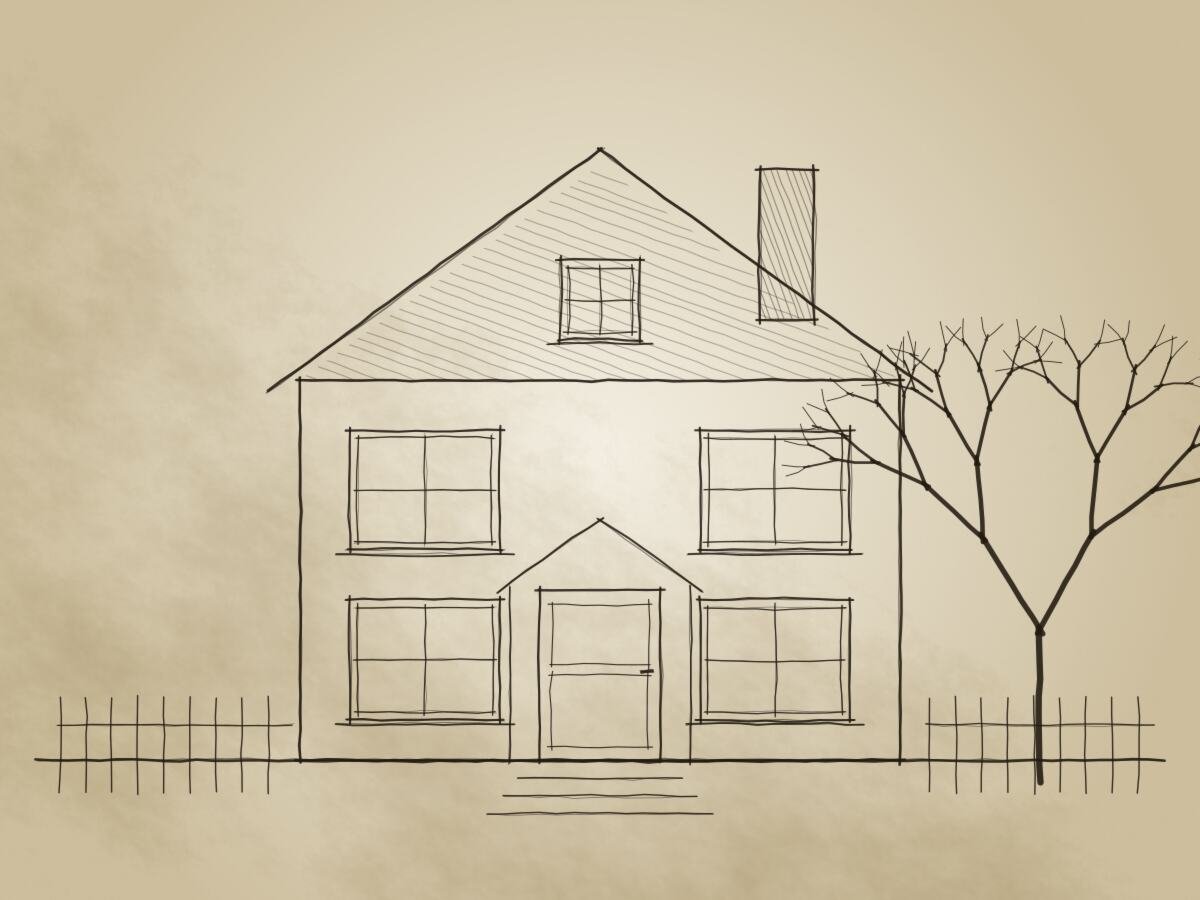 Ink drawing of a double-fronted Victorian house with a gabled roof, a porch, four sash windows and a bare beech tree beside the railings. A lamp is lit in the small attic window.