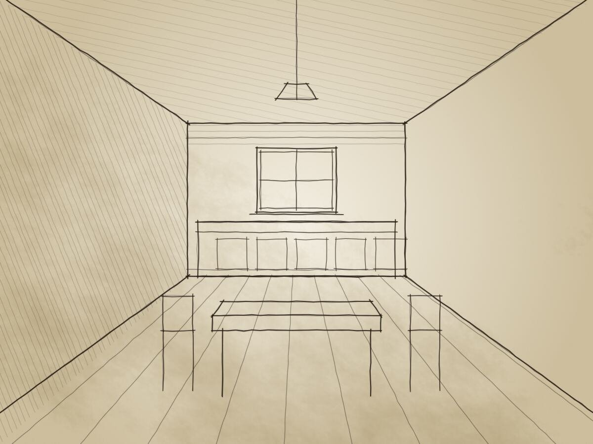 Ink drawing of a kitchen: a long counter under a window, a scrubbed table and two chairs, a lamp hanging from the ceiling.