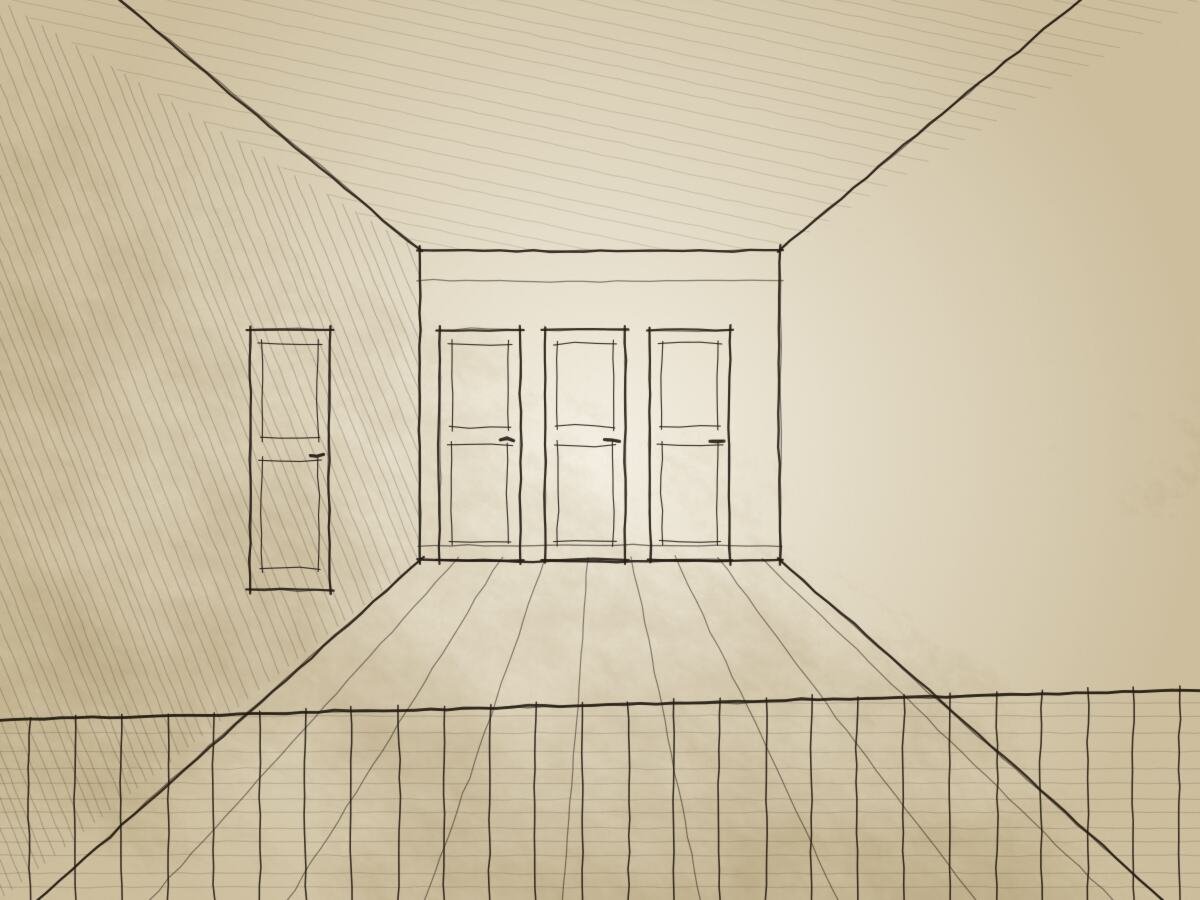 Ink drawing of a landing seen through the banisters: three doors on the far wall and one on the left.