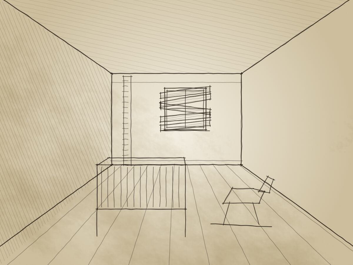 Ink drawing of a nursery: a cot, a rocking horse and a height chart by the door. The window has been boarded over from the inside.